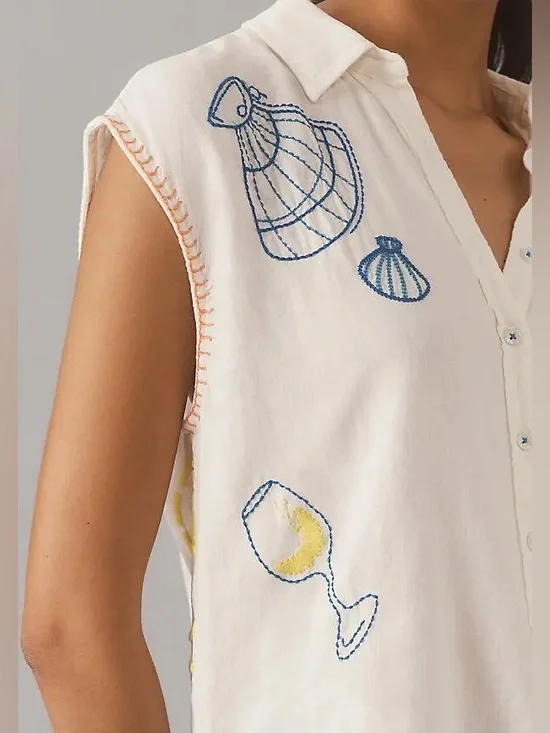 Anthropologie White Embroidered Sleeveless Button-Up Top 38258 - Picture 4 of 15